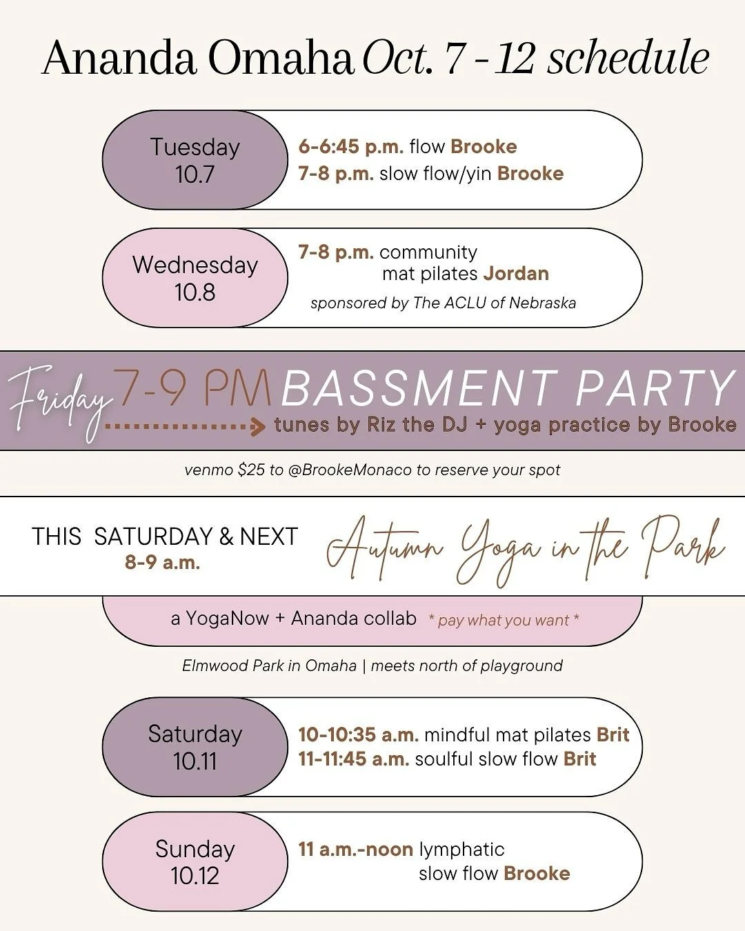 FRIDAY 7-9 PM: it&rsquo;s a BASSMENT PARTY with @itstheriz 😈

💫 hype your Friday the wholesome way &amp; catch @bendwithbrit at Elmwood Park &amp;&amp; at the studio Saturday morning ⛅️

We&rsquo;re getting the Ananda vibe ✨revved up✨ this month &h