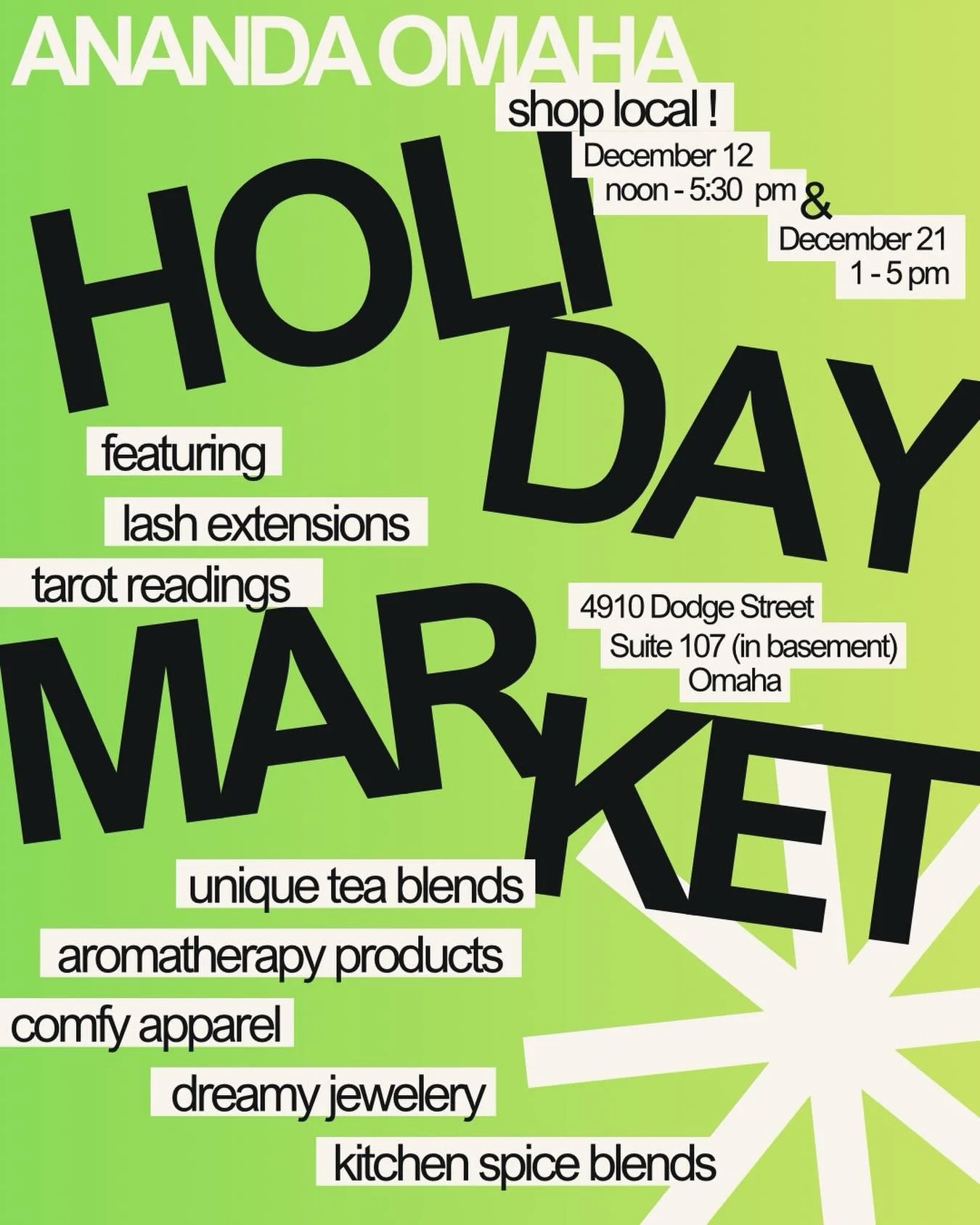 Stop by the studio for thoughtfully made, Omaha-local gifts for the season ✨ this Friday (12/12) &amp; next Sunday (12/21)

featuring 
@lilsporetergeist tarot readings (Fri 12/12)
@ananda.brookemonacowellness dreamy jewelery
@djbpleasinme HootTea uni