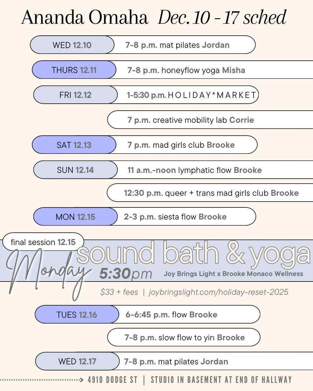 Last session of @joybringslight sound healing is Monday and you don&rsquo;t wanna miss it ✨ tap the link in bio

Check our updated post for this Friday&rsquo;s Holiday Market, taking place 1-5:30 p.m.

Move your body in this winter season 🤍

📍4910 