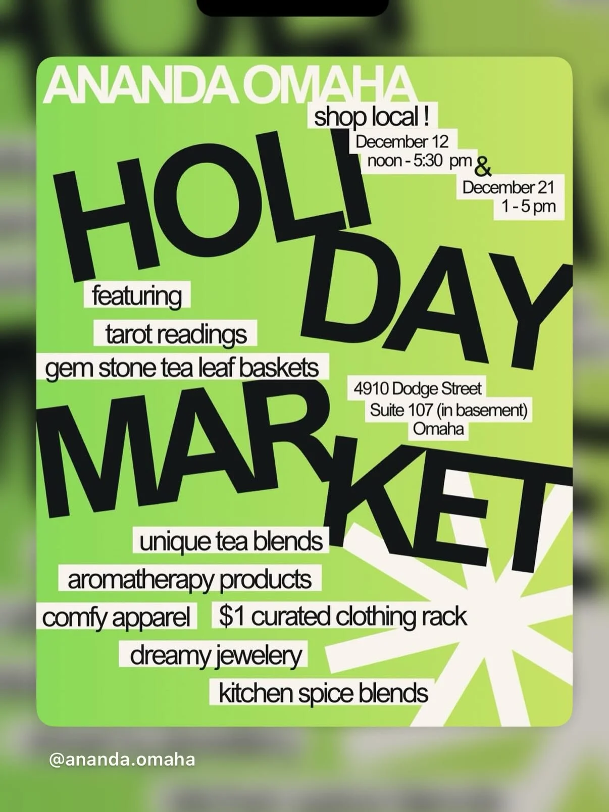 DAY 1 OF ANANDA&rsquo;S HOLIDAY MARKET &mdash; Small Business 🎄✨🐍

&bull; Ital Vital juices @italvitalliving 
&bull; HootTea Tea Blends @djbpleasinme 
&bull; Blissful Blends @stormyjoyoga 
&bull; Whispering Roots @whisperingrootsinc 
&bull; Tarot R