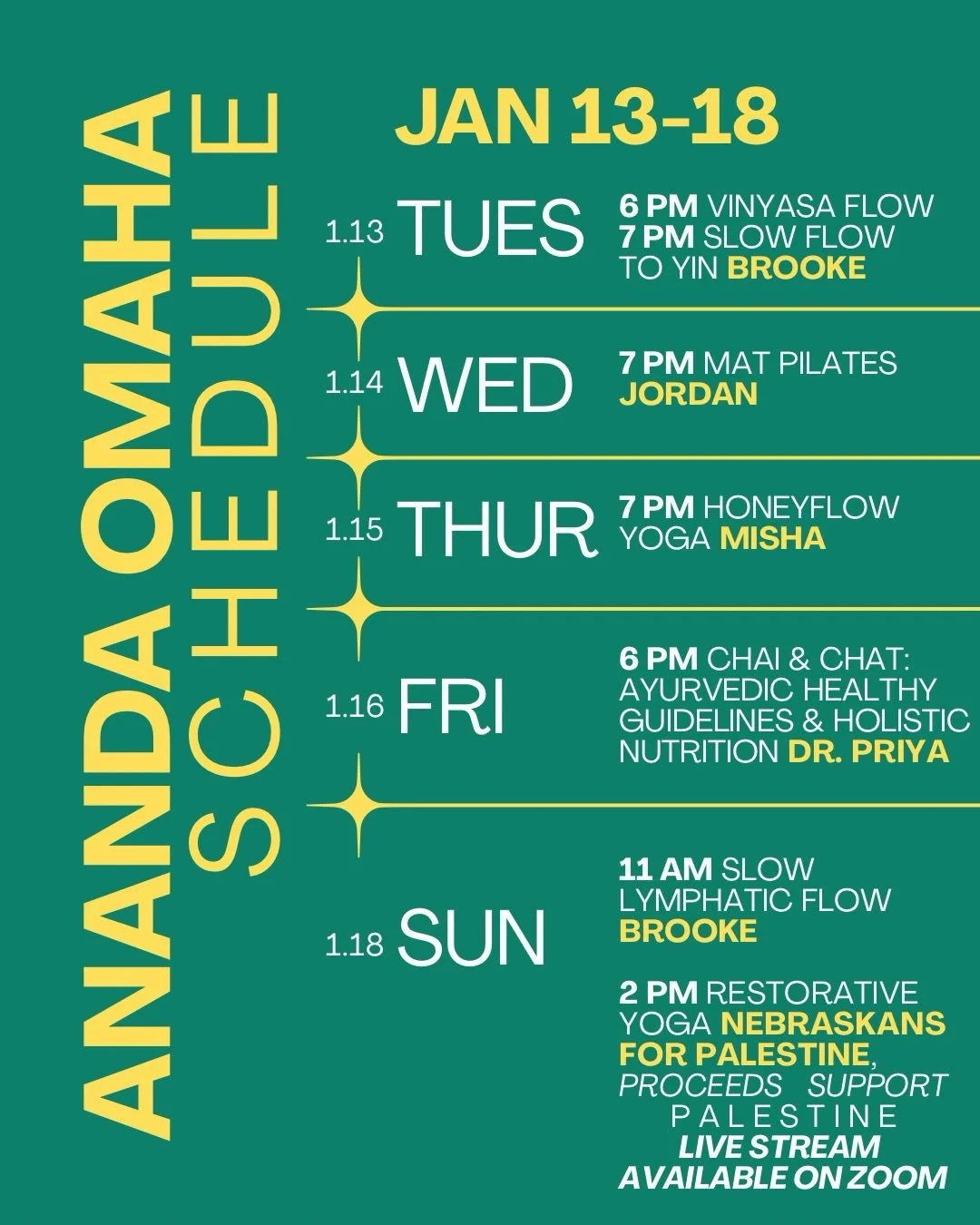 Ananda Offerings for the next week! What are you interested in?! We want to hear more! 

Check out our website for monthly offerings, info &amp; signup! 🐍✨ LINK IN BIO