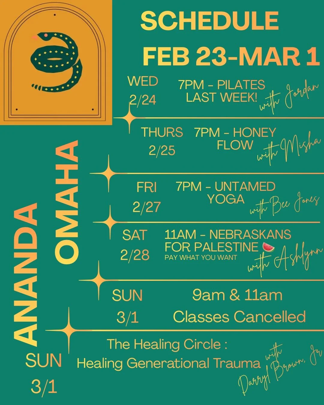 We&rsquo;ve got some fun things on the lineup this week &mdash; and also a few important updates ✨ THREE POP-UPS!!!

🩵 Wednesday, 2/25 7pm &mdash; Pilates with Jordan &mdash; last offering! @jordan.pilates 
🍯 Thursday, 2/26 7pm &mdash; HoneyFlow wi