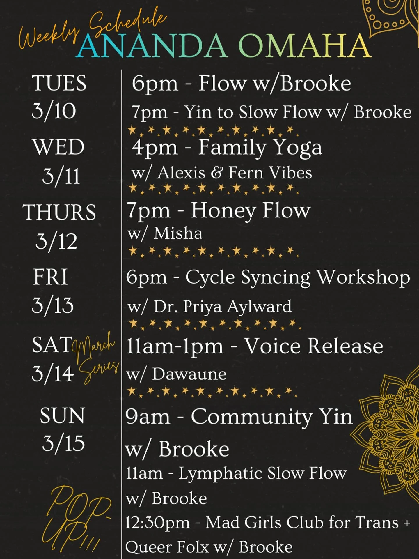 Ananda Omaha has A LOT of new offerings!!! &amp; we couldn&rsquo;t be more excited! 🐍✨

Quick Recap on the New Additions &amp; Pop-Ups:
- Family Yoga with Alexis from @fernvibes starts Wednesday March 11th &amp; 25th at 4pm 

- Dawaune is **BACK** t