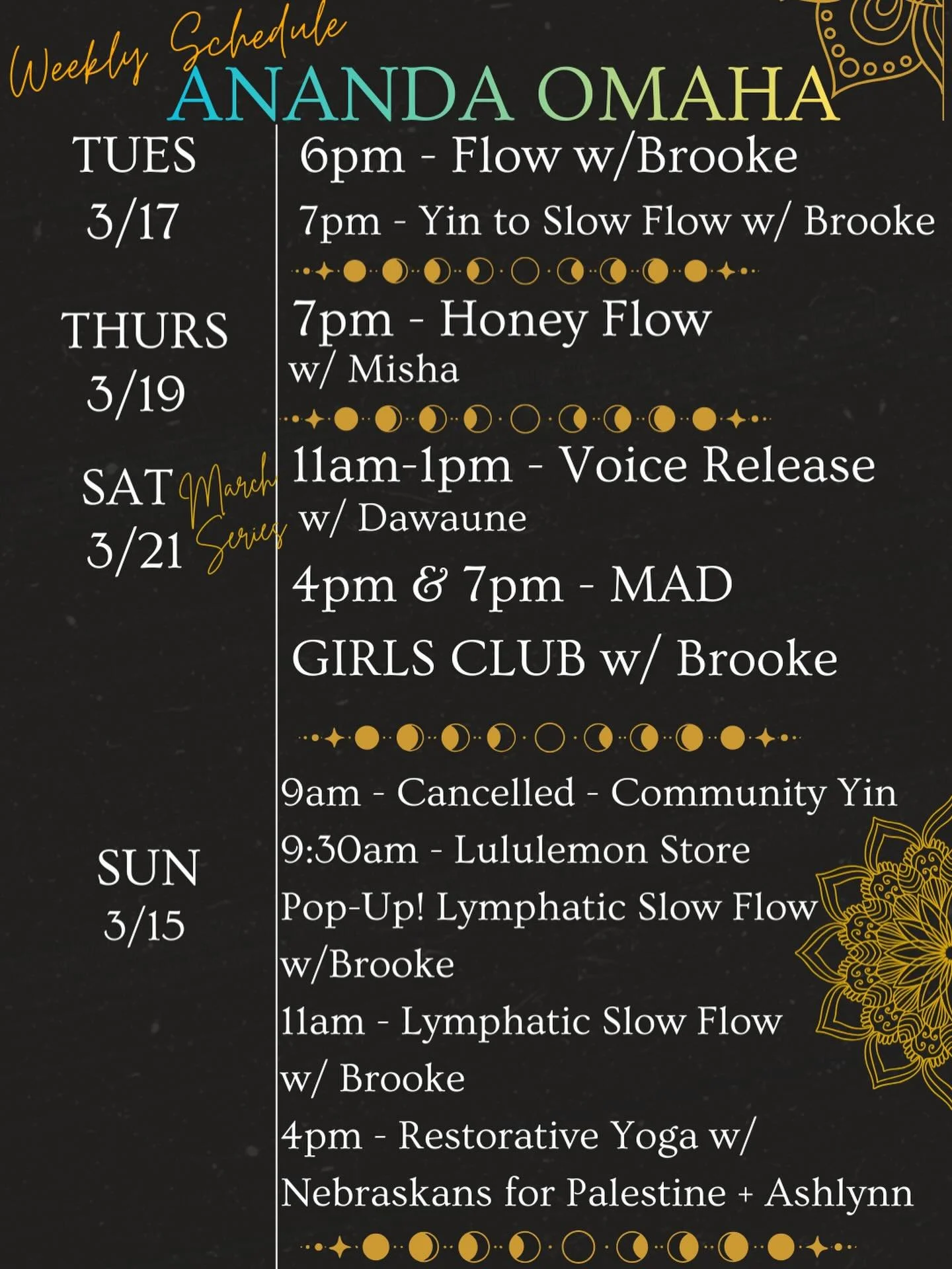 Your mat is waiting. Here&rsquo;s what&rsquo;s happening this week at Ananda Omaha! 

There is quite a few pop-ups this weekend:
Saturday 3/21:
11am - Voice Release with @dawaune.one 
4pm &amp; 7pm - Mad Girls Club with @ananda.brookemonacowellness 

