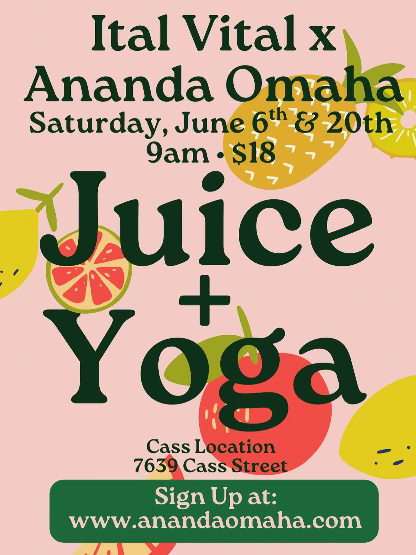 It&rsquo;s official 🍊 Ital Vital x Ananda Omaha is here!!

🍉 Yoga outside, juice in hand, sunshine on your skin.
We&rsquo;re taking movement outside of Ital Vital at 7639 Cass St in June for a feel-good flow rooted in community &amp; connection.

$