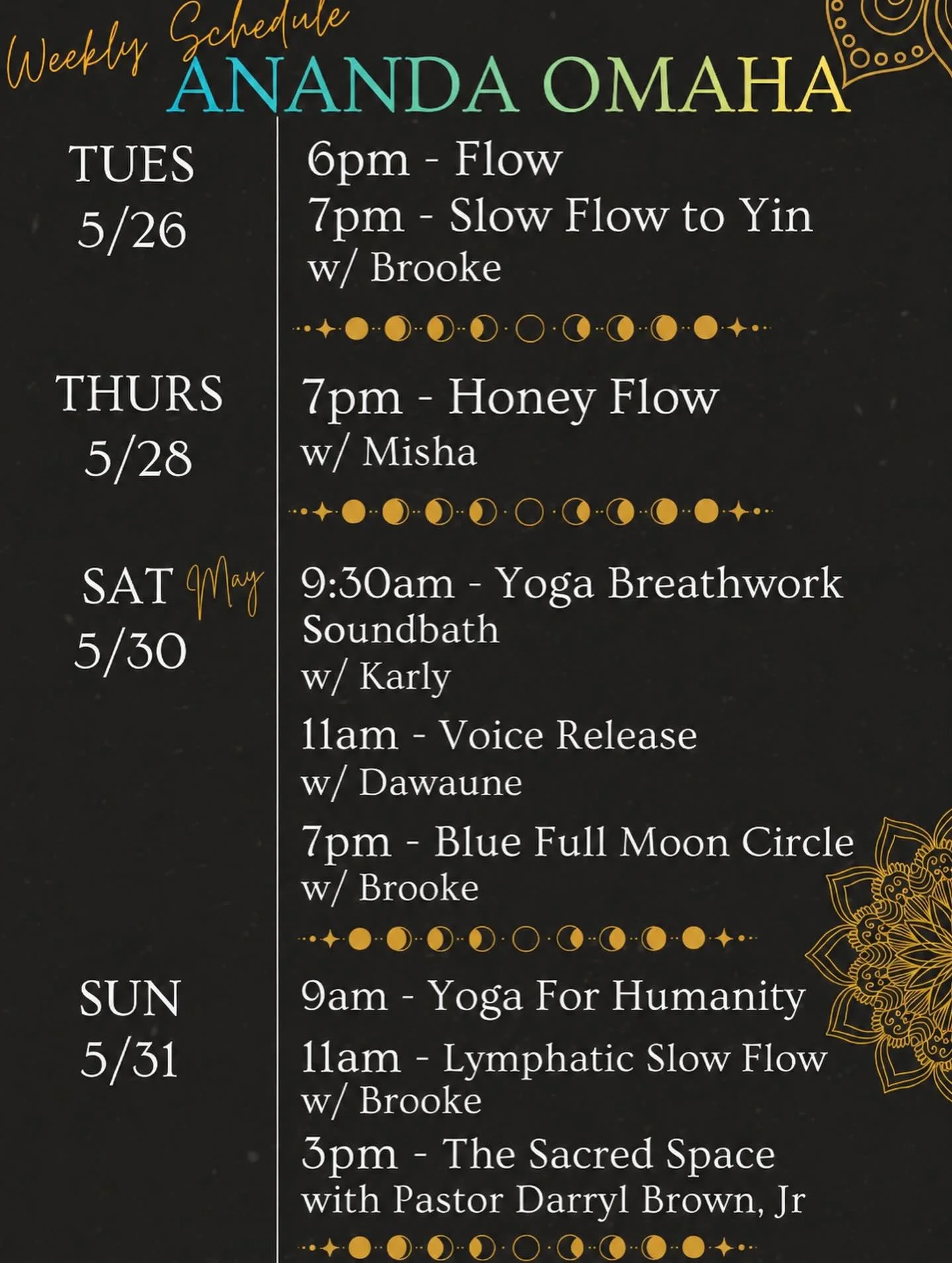 An exciting week ahead at Ananda Omaha 🌙✨🐍

From grounding flow classes to honey flow, breathwork + sound healing, voice release, community care practices, &amp; our Blue Full Moon Circle &mdash; this week is filled with opportunities to reconnect,