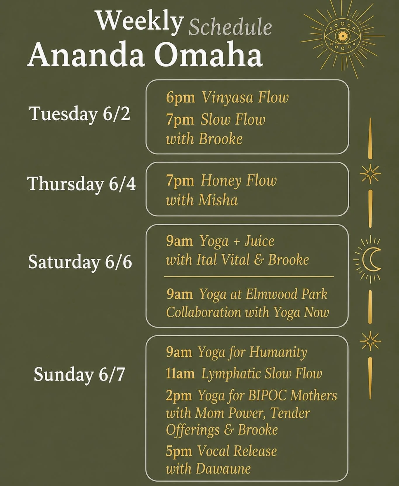 ✨ A Few Schedule Updates at Ananda Omaha! ✨

Beginning this week, Dawaune&rsquo;s Vocal Release is moving to a new time! Instead of Saturdays at 11am, you&rsquo;ll now find this powerful offering on Sundays at 5pm. Dawaune creates a welcoming space f