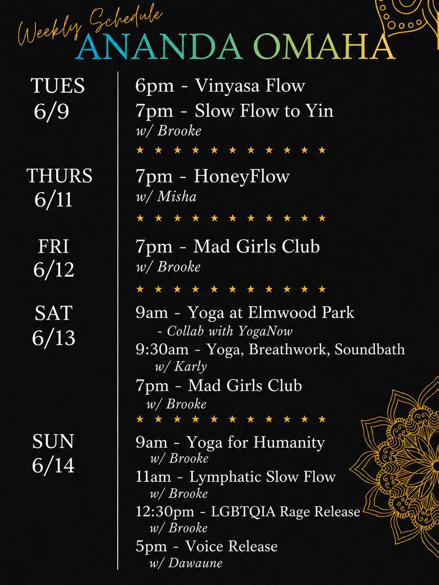 New Week, New Sched! ✨🐍

Whether you need a strong flow, a slow exhale, a little rage release, a soundbath, or simply a room full of humans figuring it out together &mdash; there&rsquo;s space for you here.

Come exactly as you are.
No need to be mo