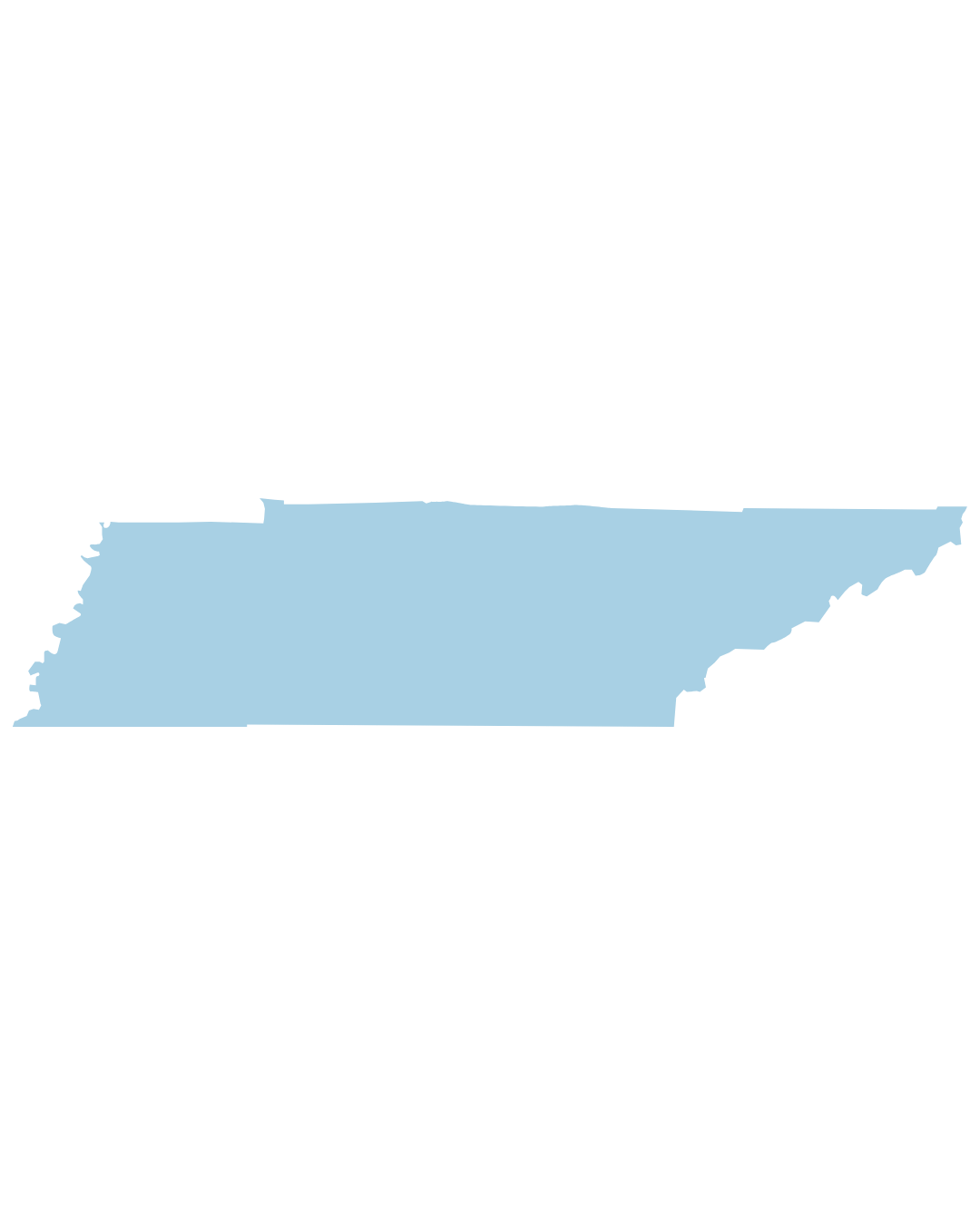 Map of Tennessee in light blue. Text at top reads 'Tennessee' with a subtitle 'The Volunteer State'.