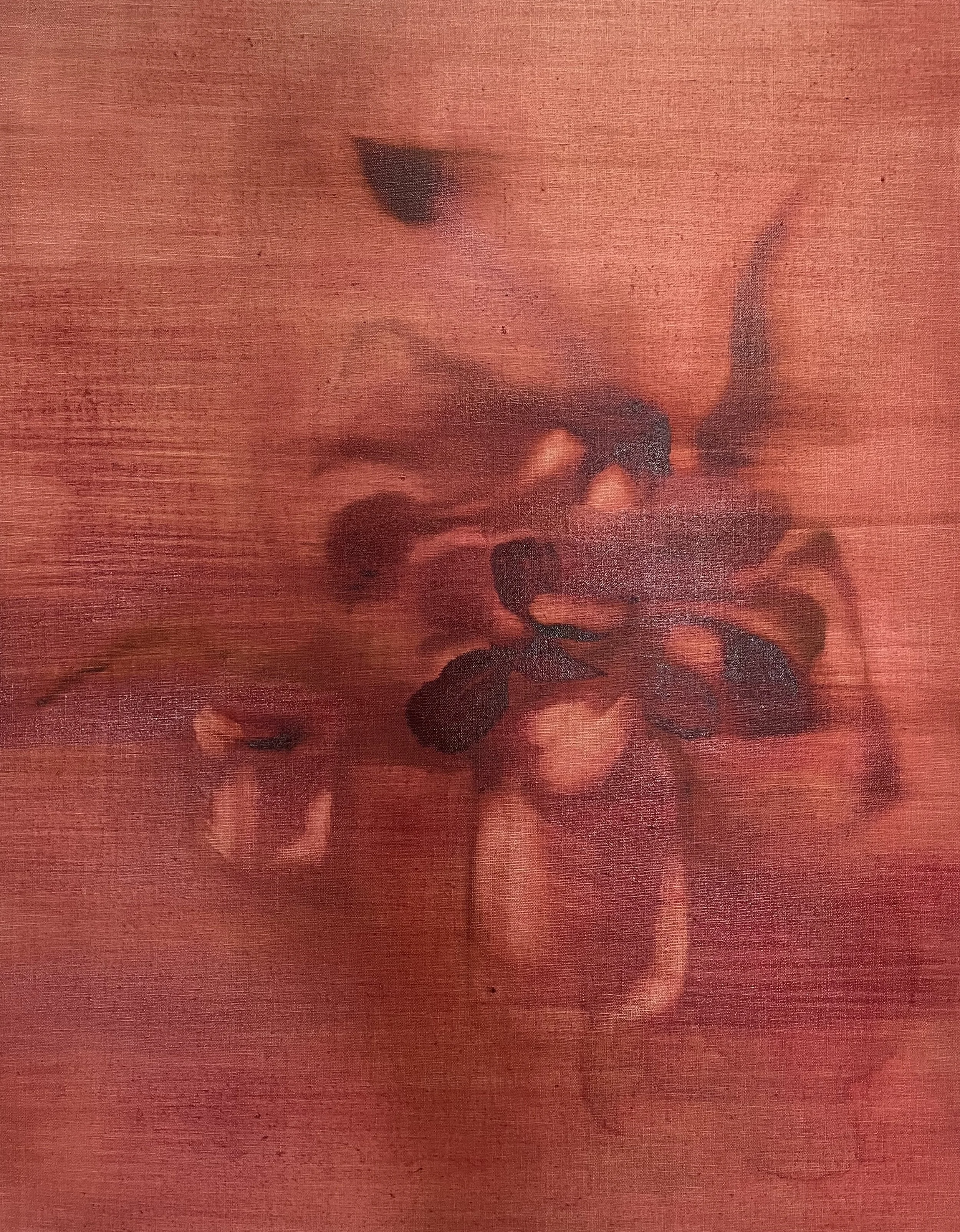 Scarlet light on vase with leaves, small