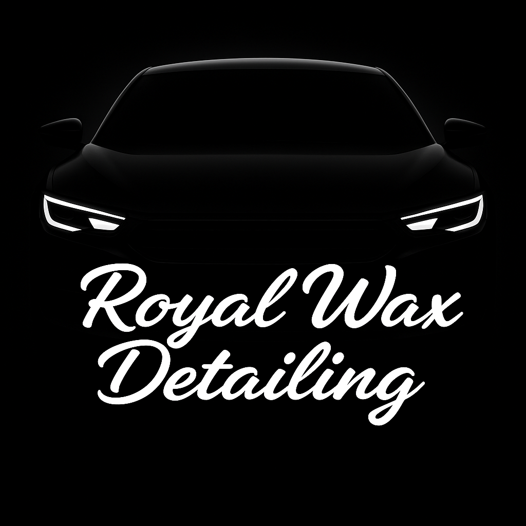 Two glowing car headlights with the text 'Royal Wax Detailing' in cursive below, set against a dark background.