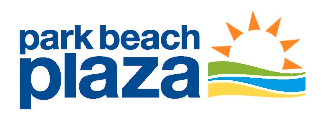 Logo of Park Beach Plaza featuring a stylized sun, green, blue, and yellow waves.