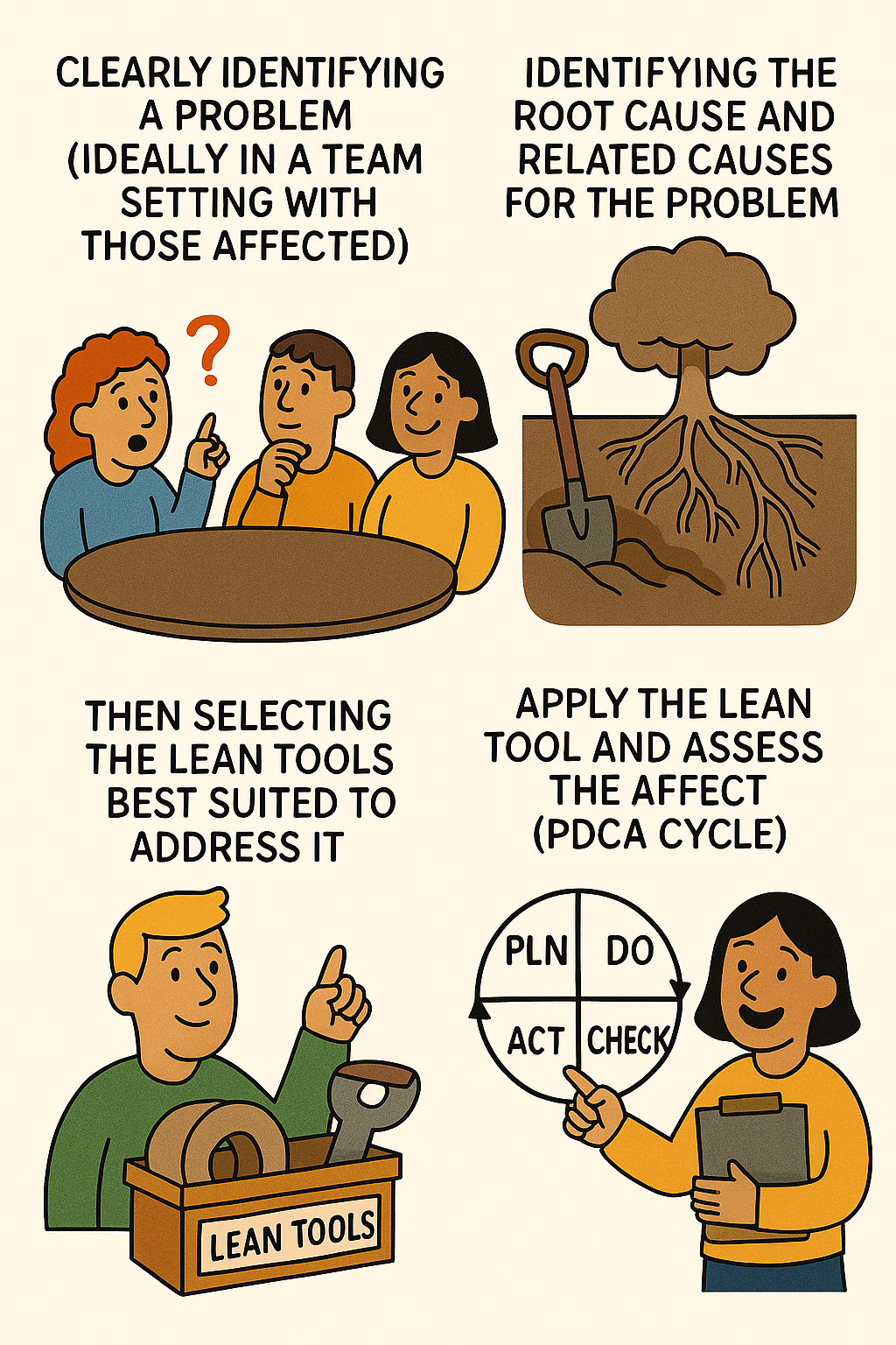 Infographic illustrating a lean problem-solving process with four steps: 1) Identifying a problem as a team, represented by three people discussing with a thought bubble; 2) Identifying the root cause, depicted by a tree with roots and a shovel; 3) Selecting the best lean tools, shown by a person pointing at a box labeled "Lean Tools"; 4) Applying PDCA cycle with a smiling woman holding a clipboard and a diagram of the cycle phases: Plan, Do, Check, Act.