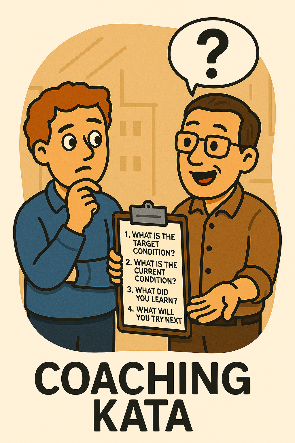 A coach providing a tutorial to a client, holding a clipboard with questions about target condition, current condition, lessons learned, and next steps. The client appears thoughtful and interested.