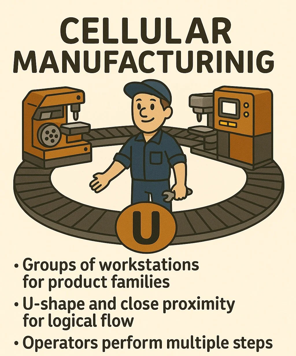 Illustration of a worker and manufacturing equipment arranged in a U-shape, with text describing the process as cellular manufacturing for product families, emphasizing U-shape and close proximity for logical flow, and operators performing multiple steps.
