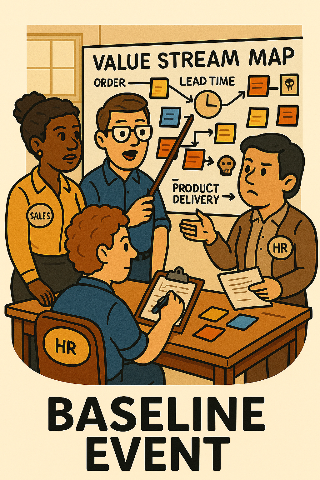Illustration of a business meeting with four people gathered around a table and a whiteboard showing a value stream map. The group appears to be discussing processes like order, lead time, product delivery, and workflow. The people are labeled with roles such as Sales, HR, and two others. The scene represents a baseline event for process improvement.