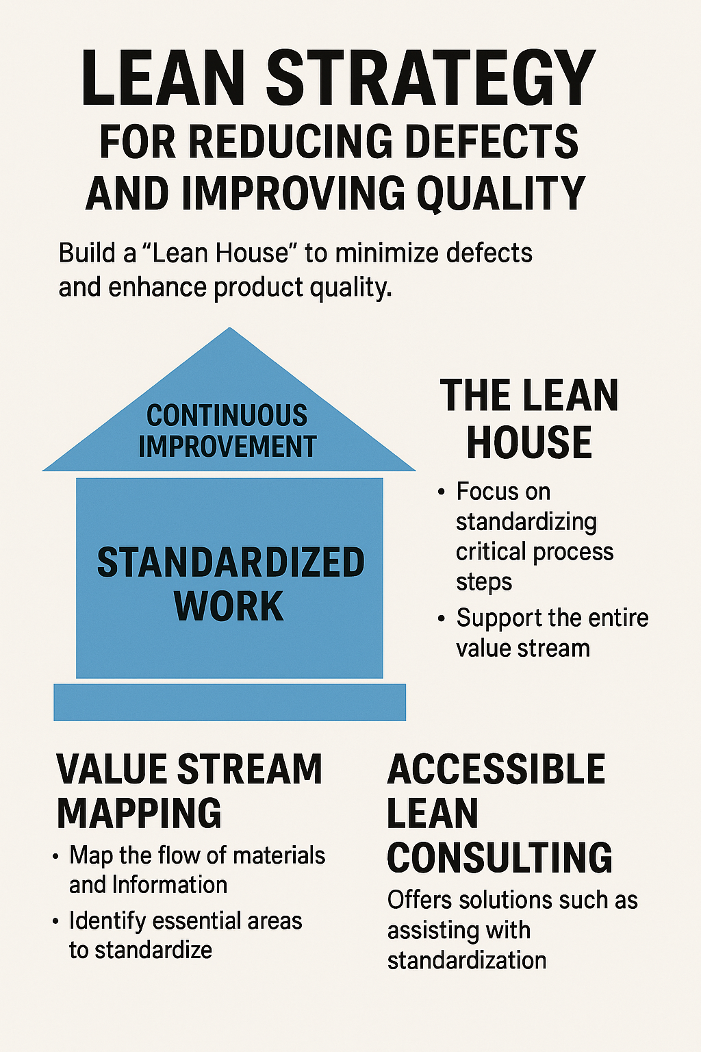 A flowchart illustrating lean strategy for reducing defects and improving quality, including concepts like standardized work, continuous improvement, value stream mapping, and accessible lean consulting.