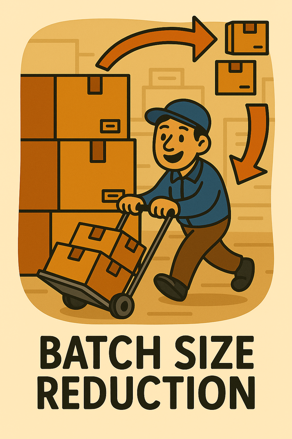 An illustrated delivery person moving boxes on a hand truck with arrows indicating batch size reduction, and the text 'Batch Size Reduction' at the bottom.