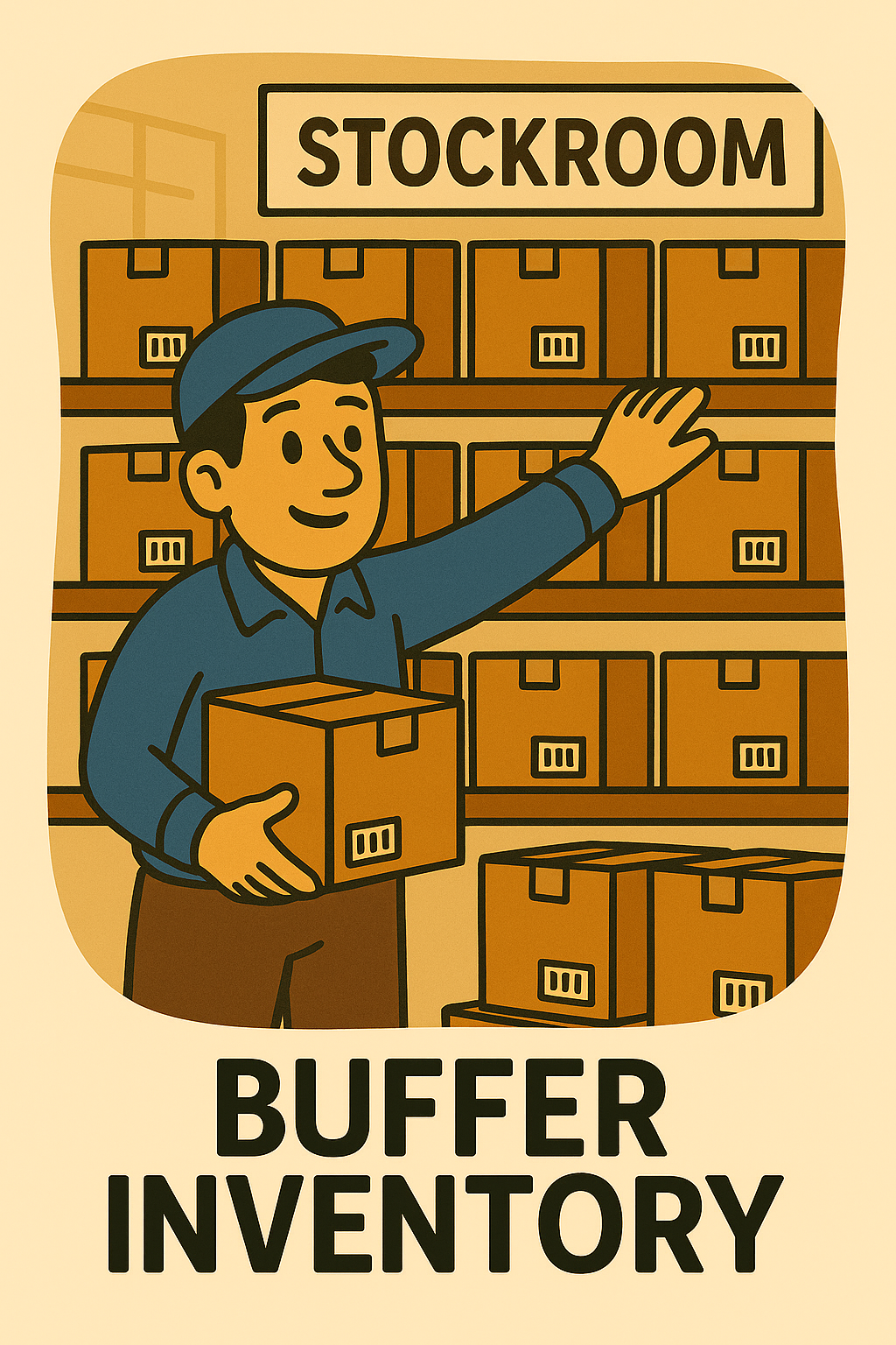 Illustration of a man in a warehouse, with shelves full of boxes, holding a box and pointing to the shelf. The sign reads 'Stockroom'. The text below says 'Buffer Inventory'.