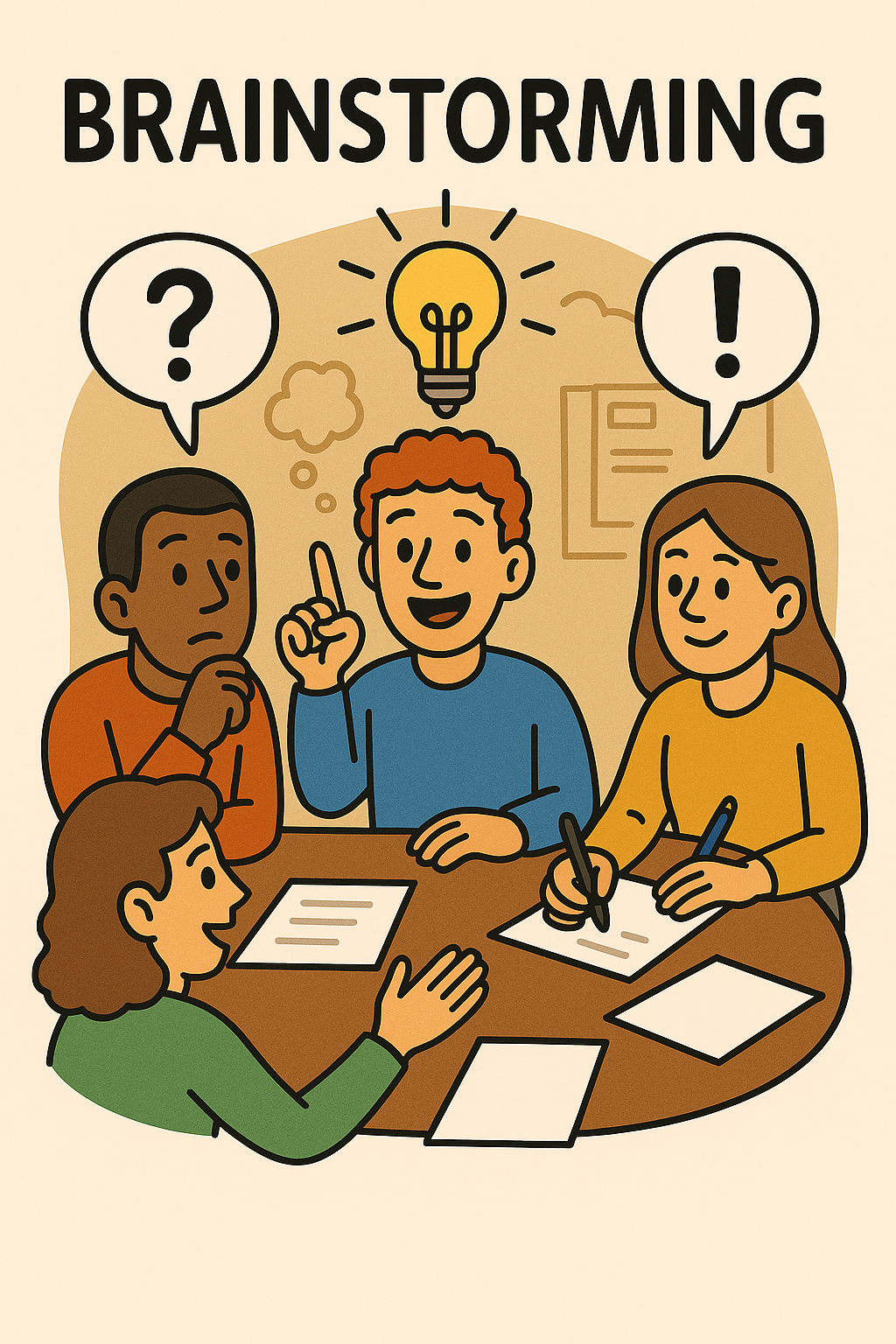 Illustration of five people in a brainstorming session around a table with papers and pens, one person is smiling and raising a finger, two speech bubbles above them contain a question mark and an exclamation point, with a light bulb above their head symbolizing ideas.