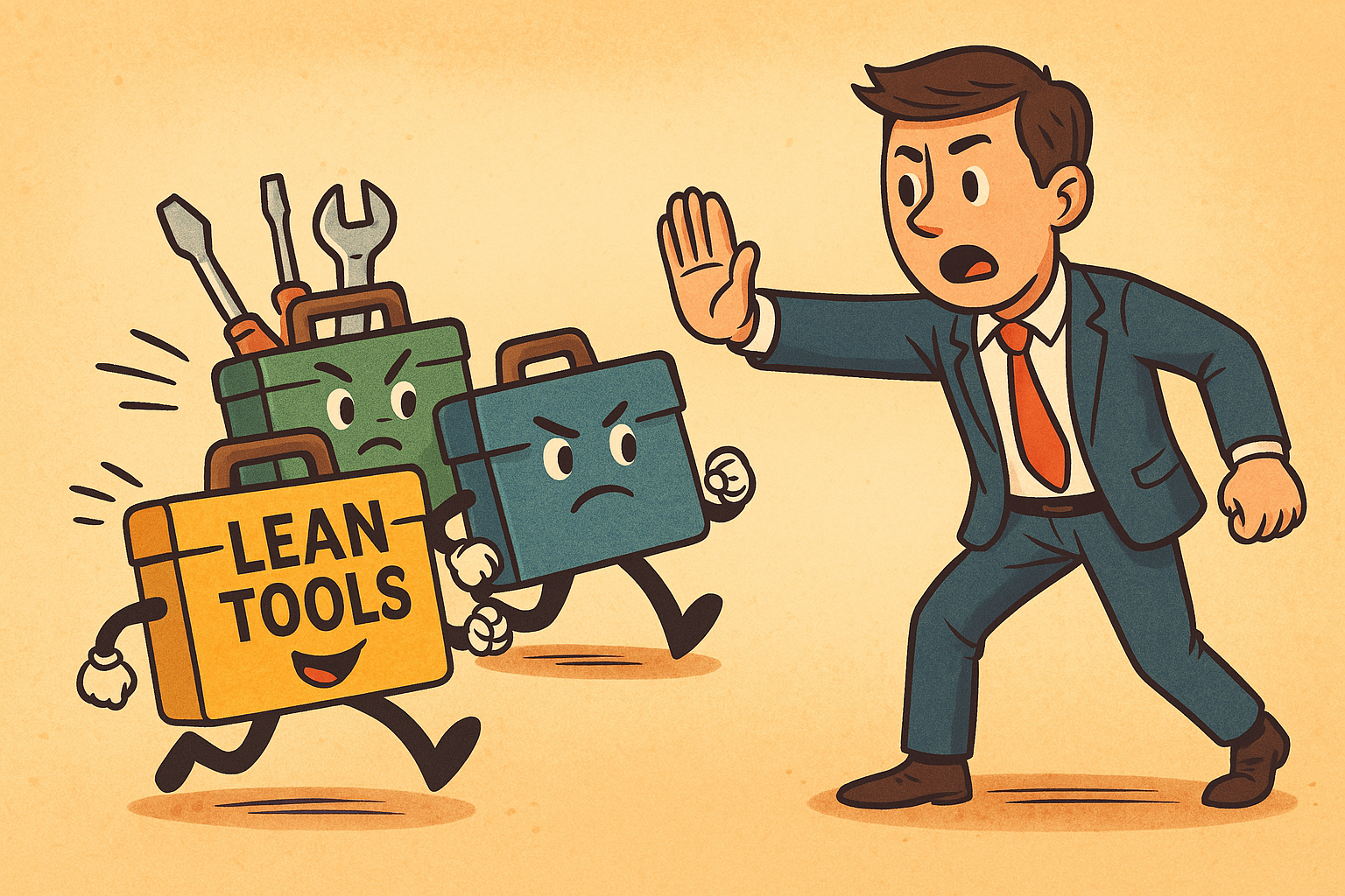 Animated illustration of a man in a business suit holding up his hand to stop three cartoon tool boxes walking toward him. One toolbox is yellow with 'LEAN TOOLS' written on it, and the other two are green and blue, with angry facial expressions and arms.