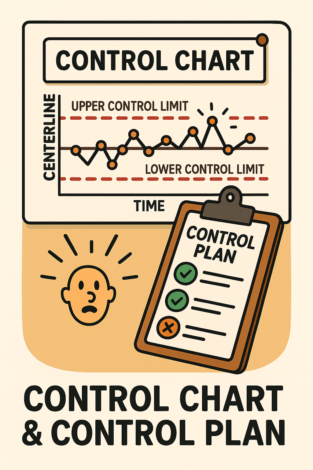 Illustration of a control chart with a line graph showing data points between upper and lower control limits, a clipboard with a control plan checklist, and a worried person icon, all suggesting process monitoring and management.