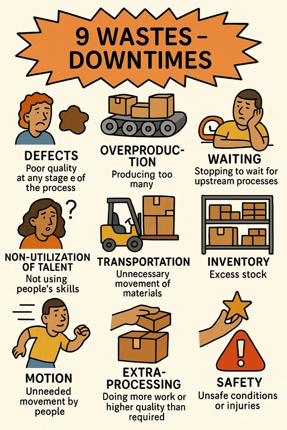 An infographic listing the nine wastes in manufacturing, including defects, overproduction, waiting, non-utilization of talent, transportation, inventory, motion, extra-processing, and safety, with illustrations for each.