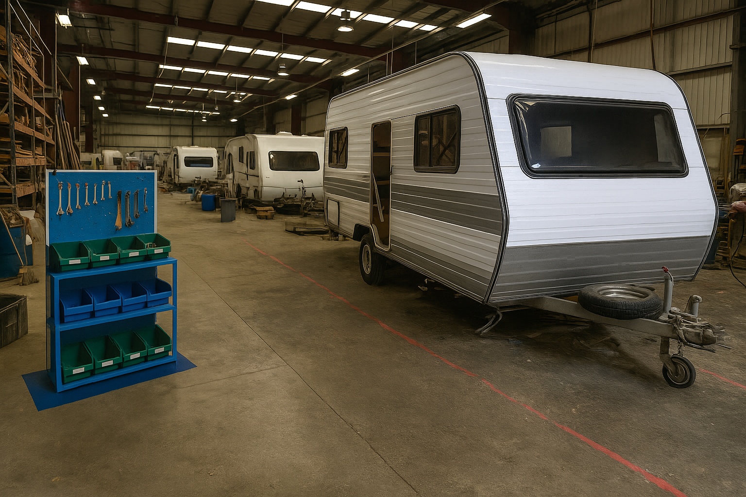 A row of travel trailers inside a large workshop, with tools on a blue and green tool rack in the foreground.