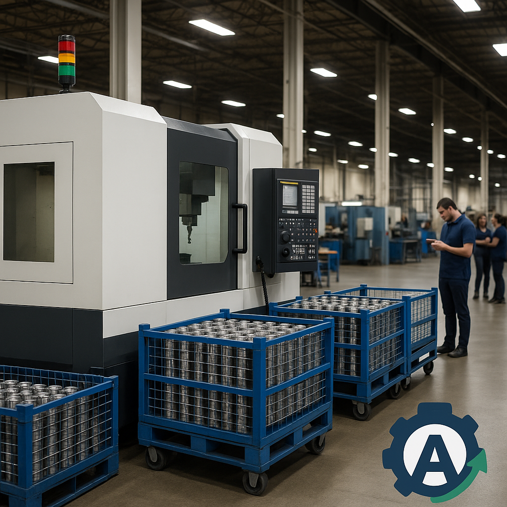 Industrial manufacturing facility with a CNC machine, metal cans in blue carts, and workers in the background, with a gear symbol in the bottom right corner.