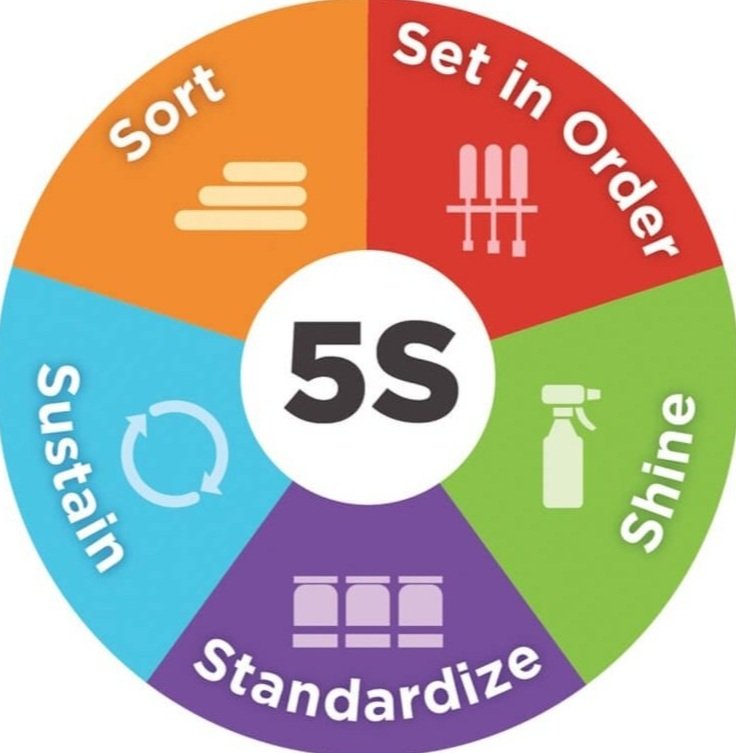 A circular infographic titled '5S', divided into five color-coded sections: red for 'Set in order' with an image of knives, orange for 'Sort' with stacked objects, blue for 'Shine' with a spray bottle, purple for 'Standardize' with three labeled containers, and light blue for 'Sustain' with a circular arrow.