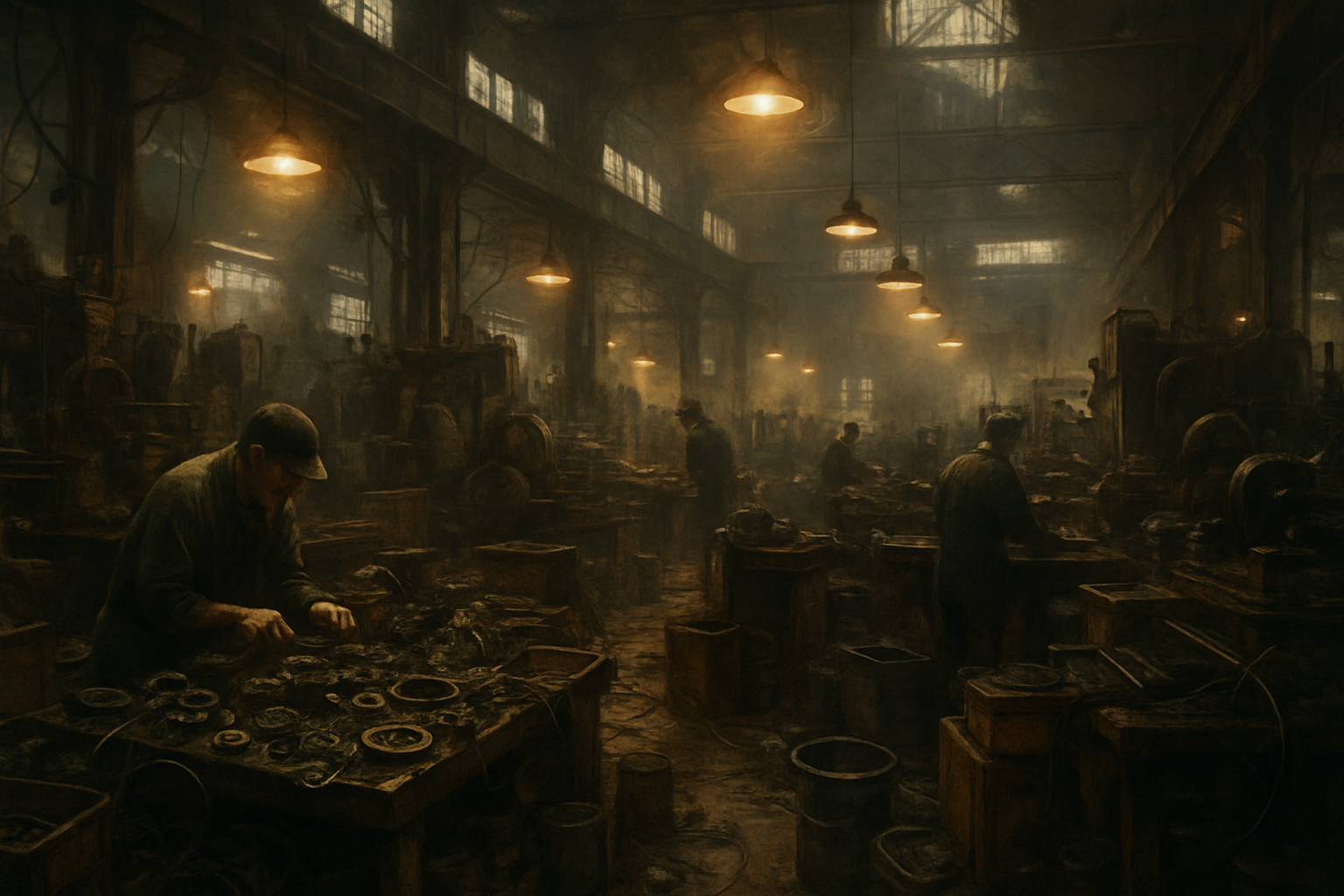 A dark, dusty factory workshop with workers assembling metal parts, dim lighting, and industrial equipment.