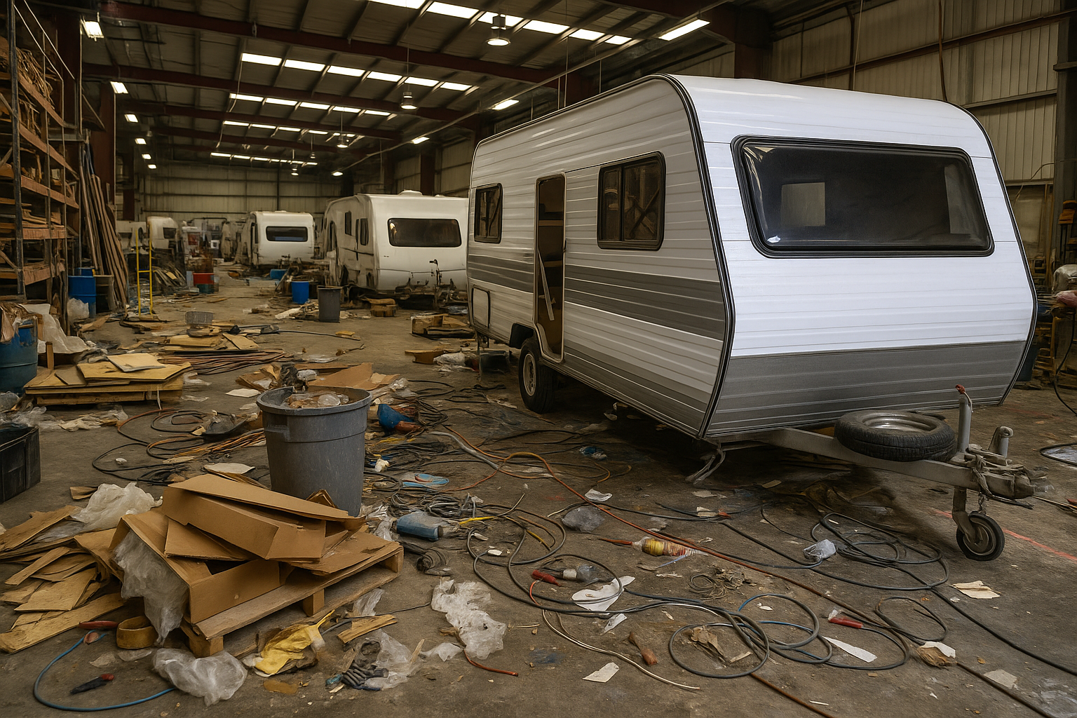 Inside a cluttered industrial warehouse with discarded cardboard, cables, and debris scattered across the floor, several white travel trailers are stored.