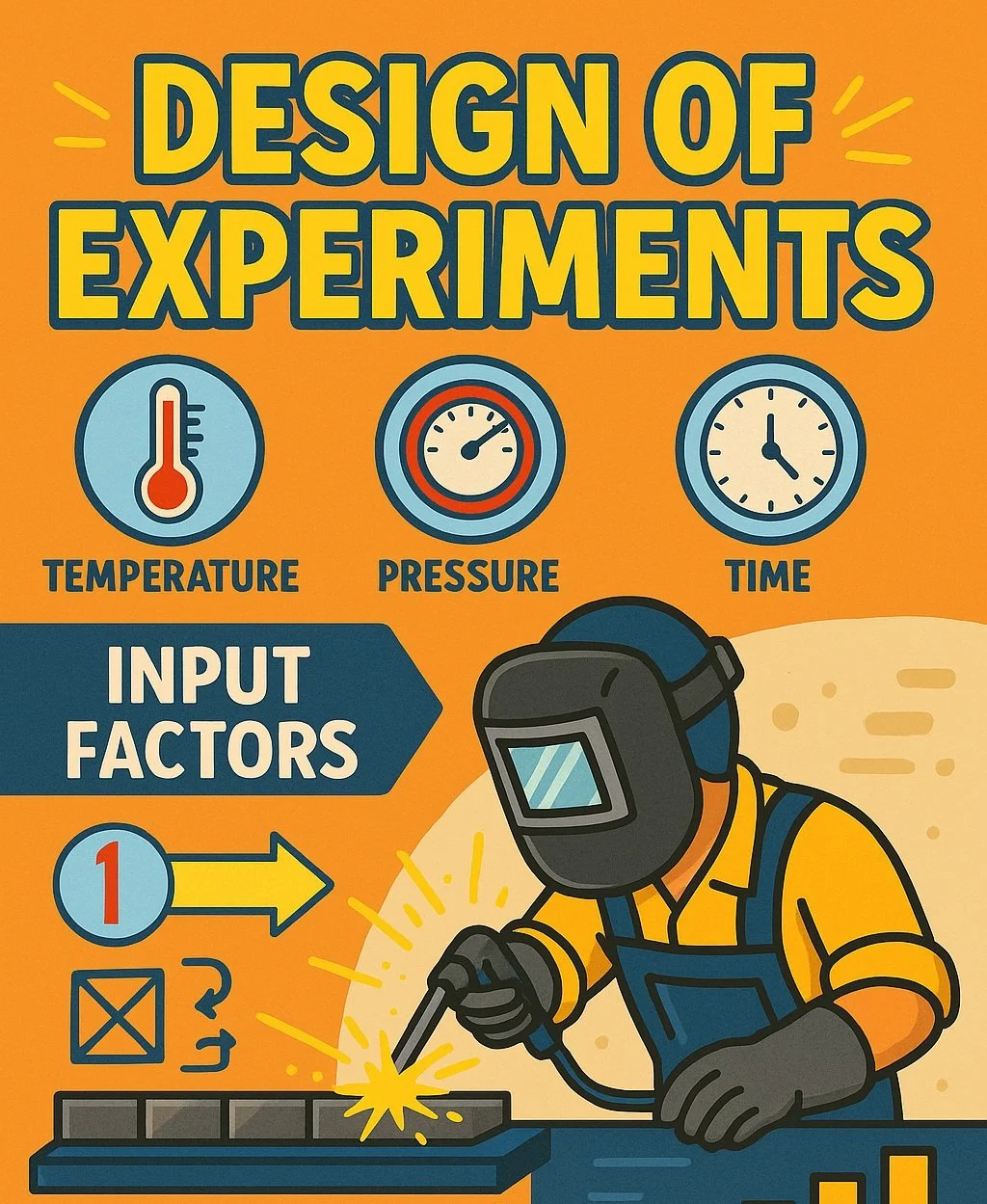 An illustrated poster titled 'Design of Experiments' showing the influence of input factors such as temperature, pressure, and time on an experiment, with a person wearing protective gear welding metal.