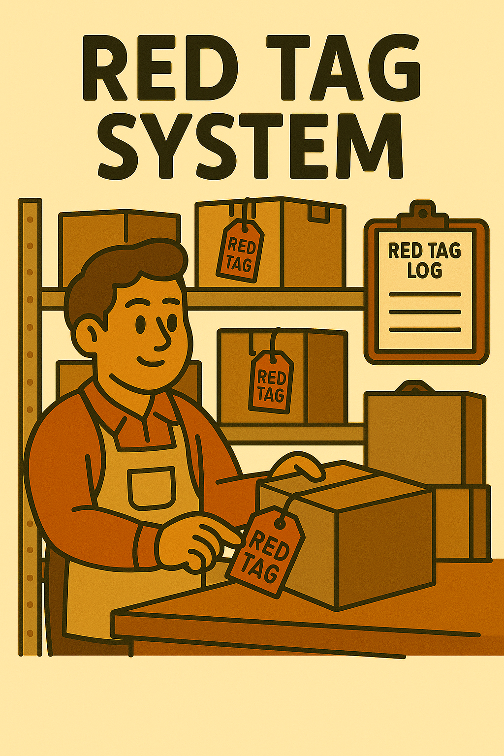Illustration of a person labeling a package with a red tag in a storage area with shelves holding boxes tagged 'Red Tag,' and a clipboard titled 'Red Tag Log.'