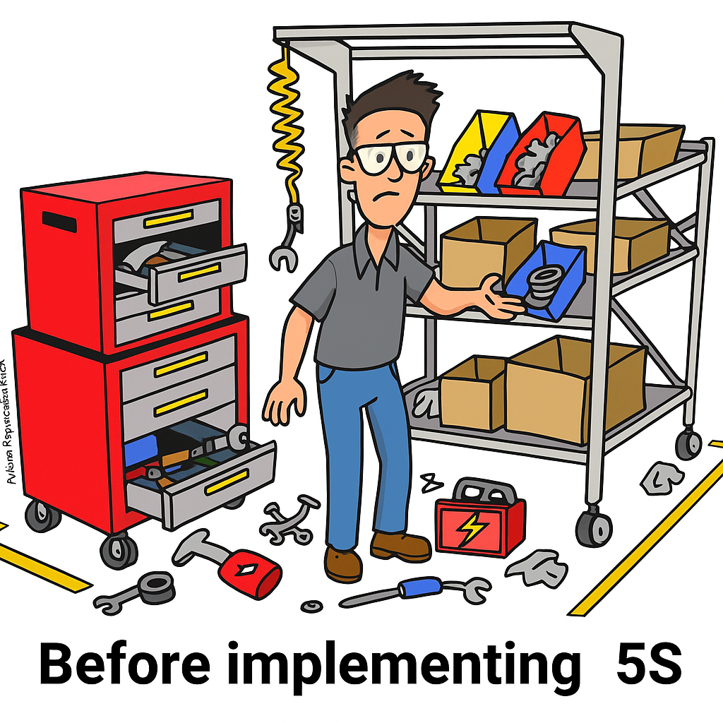 A cartoon man in a workshop sorting tools on a shelf, with messy tools and parts on the floor, a red tool cabinet, and the text 'Before implementing 5S' at the bottom.
