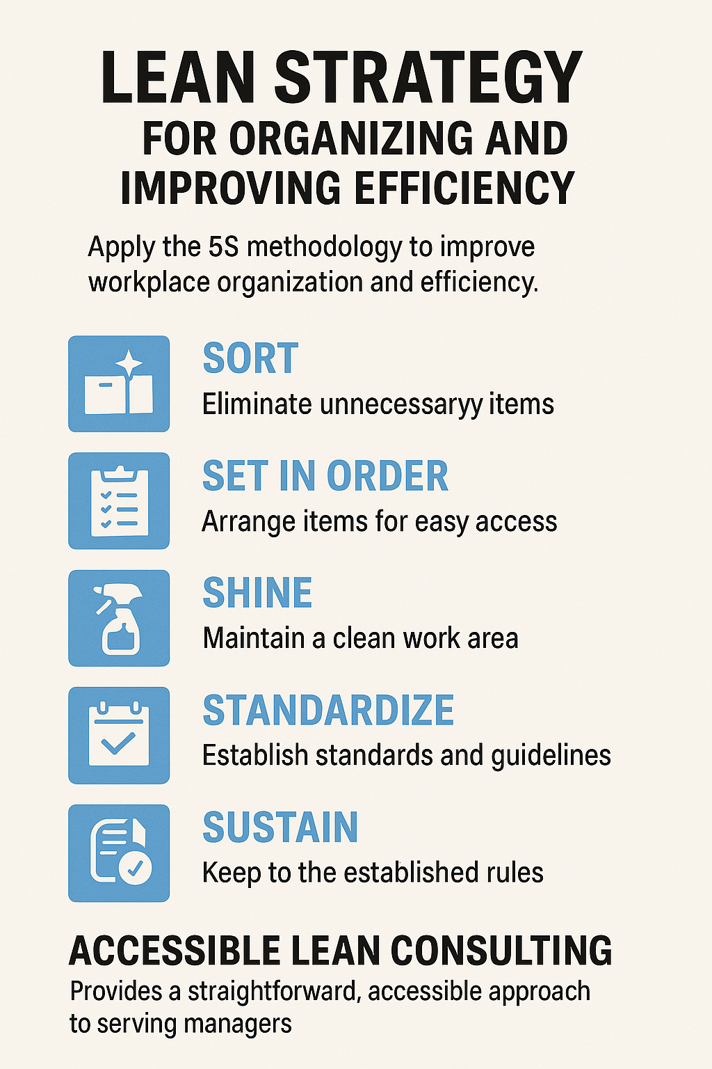 A poster titled 'Lean Strategy for Organizing and Improving Efficiency' listing five steps with icons: SORT, SET IN ORDER, SHINE, STANDARDIZE, SUSTAIN. Each step has a brief description. The poster also mentions accessible lean consulting for managers.
