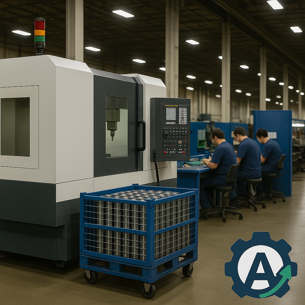 Three workers in blue uniforms working at a long blue workstation in a manufacturing or industrial setting. There is a large white and gray machine with a control panel and a small signal tower light on top. A blue cart filled with cylindrical metal parts is in the foreground. The background shows tall ceilings and industrial lighting.