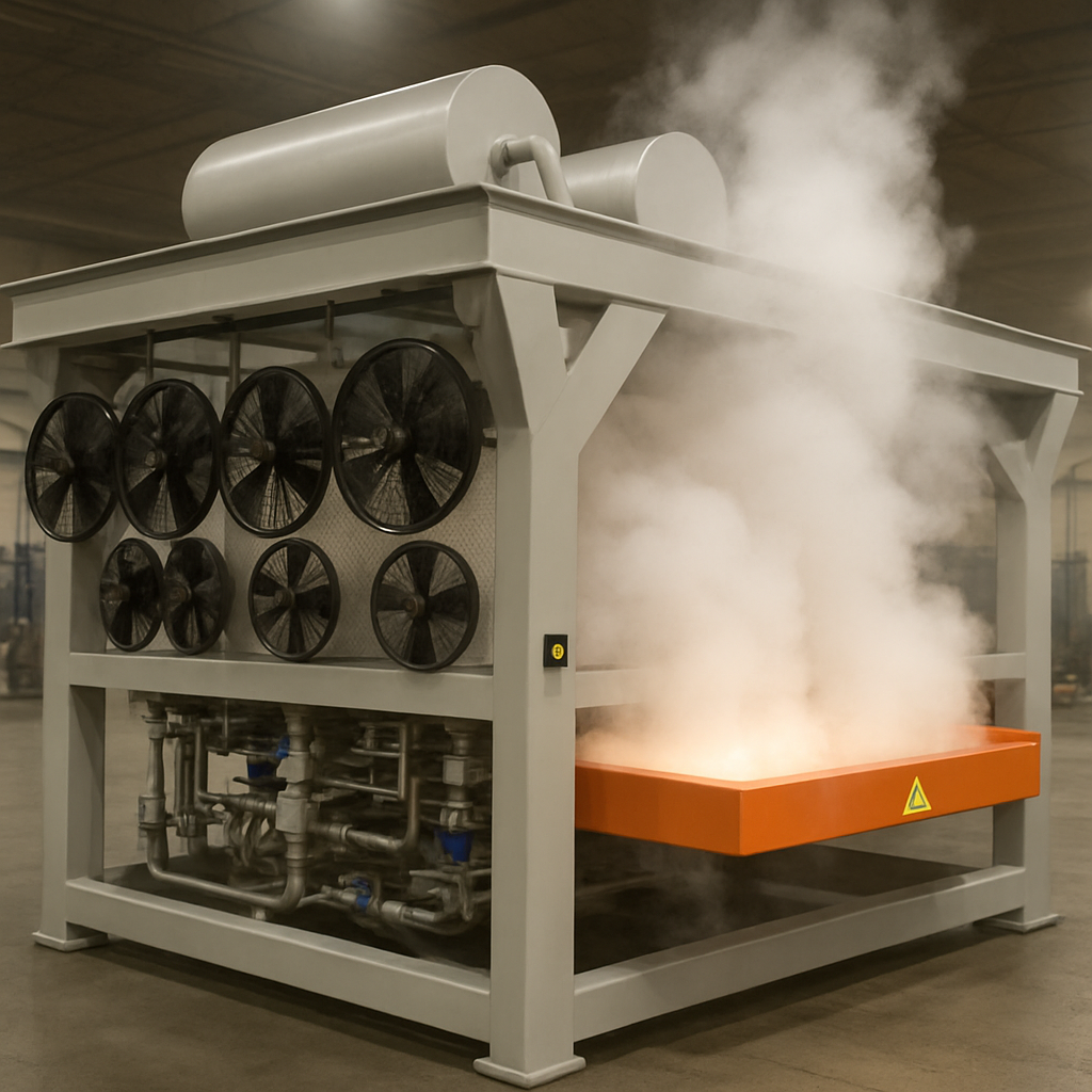 Industrial machine producing steam or smoke in an indoor facility with metal pipes, fans, and a safety warning sign.