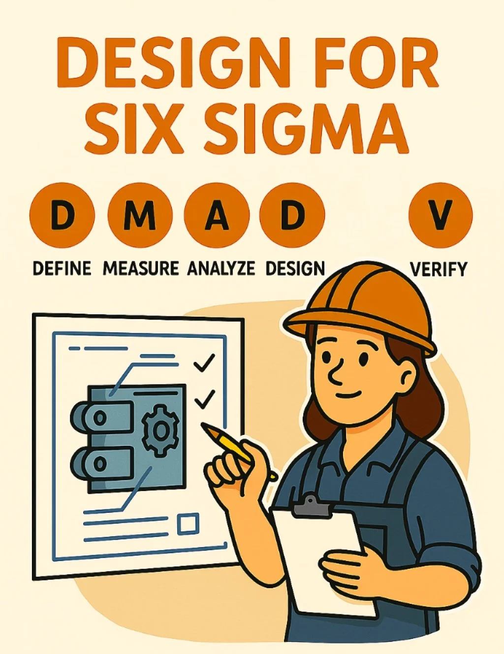 Illustration of a woman wearing a safety helmet and blue work uniform, holding a clipboard and pointing at a design document with a gear symbol. The image promotes Six Sigma, with the text "Design for Six Sigma" and the DMAIDV steps: Define, Measure, Analyze, Design, Verify.