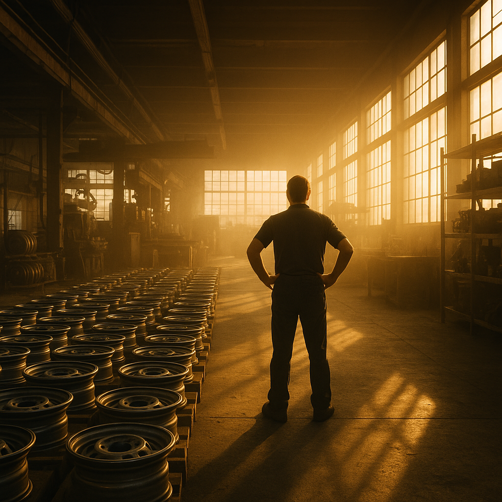 A person stands with hands on hips in a factory or warehouse illuminated by warm, golden sunlight streaming through large windows, surrounded by shelves and rows of car wheels.