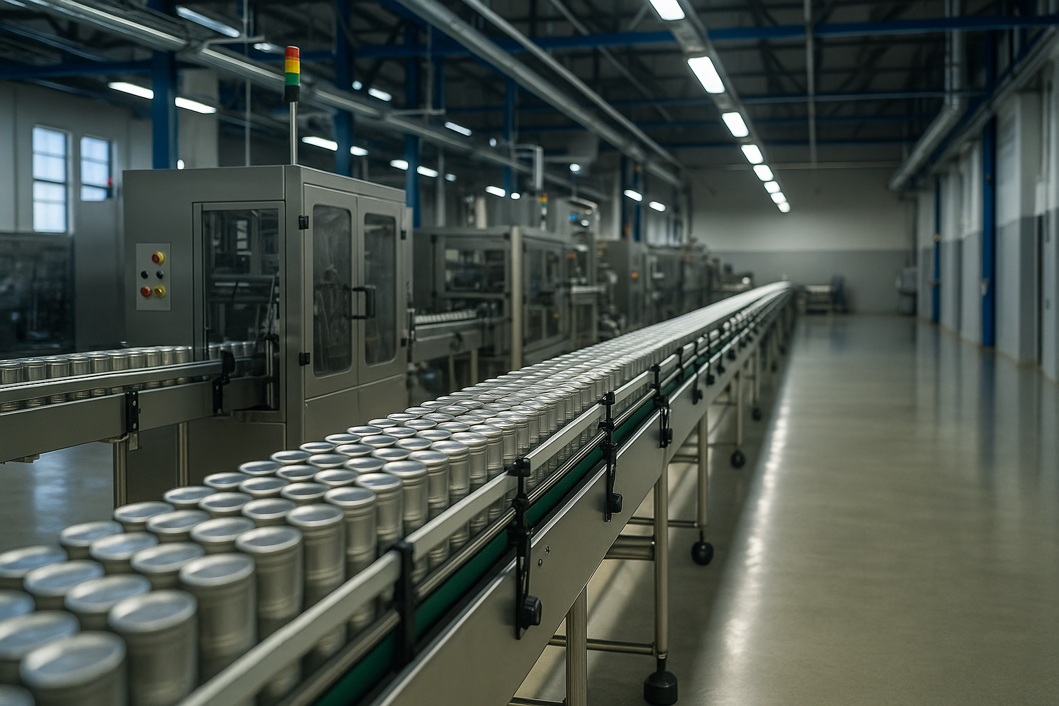 A beverage can production line in a factory, with cans moving along a conveyor belt in an industrial setting.