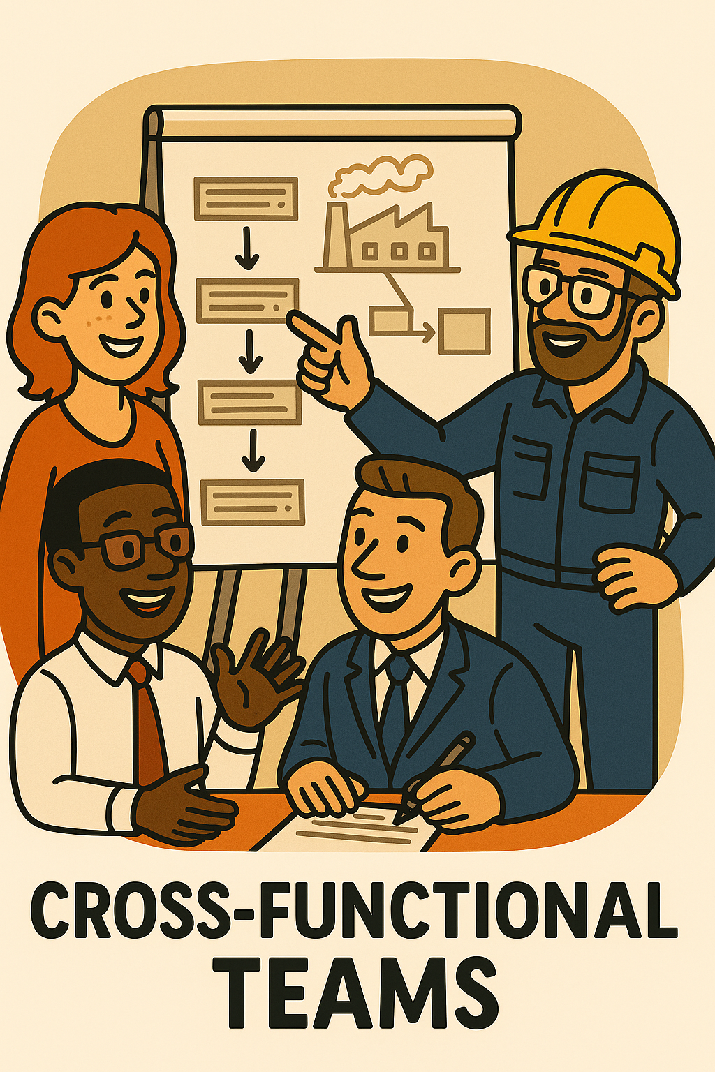 Illustration of diverse team members collaborating with a presenter pointing at a flowchart on a whiteboard, under the words "Cross-Functional Teams."