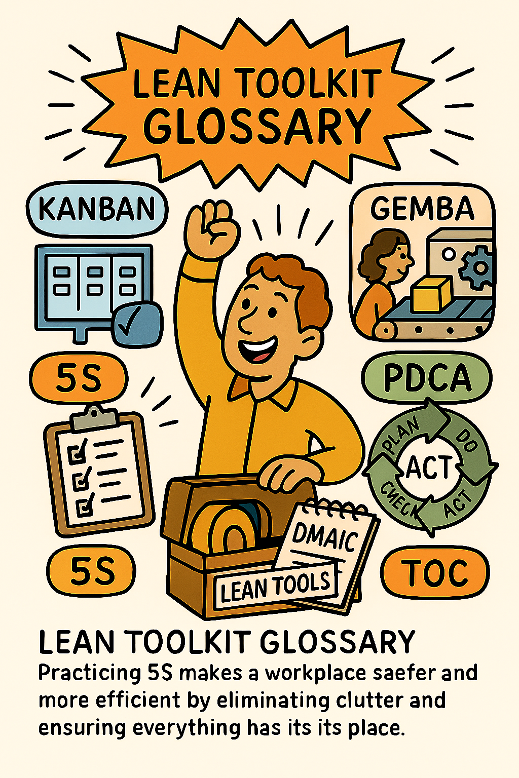 A colorful illustrated guide to lean toolkit glossary features a smiling person with raised hand surrounded by various lean concepts such as Kanban, Gemba, PDCA, 5S, TOC, and Lean Tools, with descriptions emphasizing workplace safety and efficiency.
