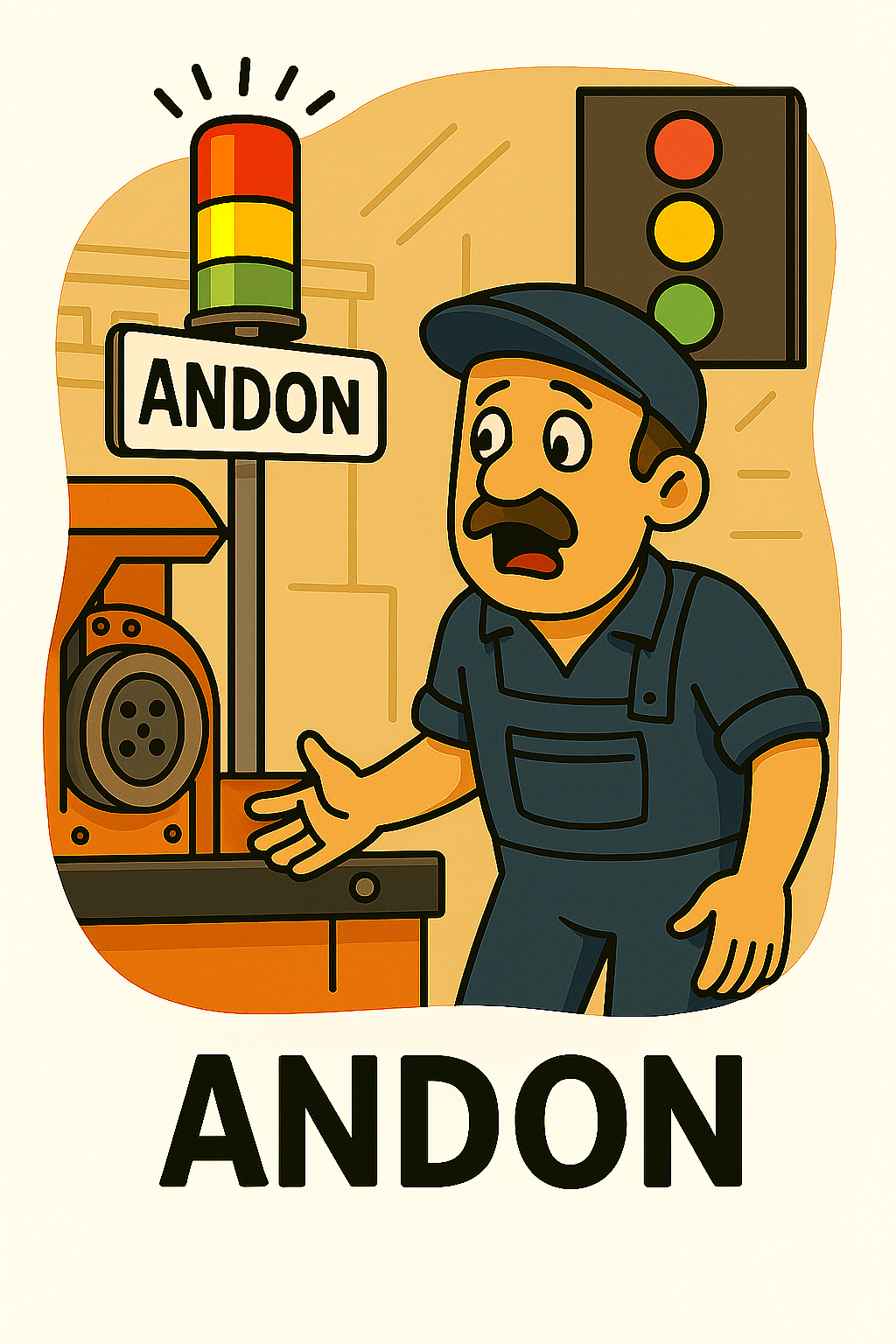 A cartoon man in a uniform and cap gesturing in front of a street sign that reads "ANDON," with a traffic light showing red, yellow, and green lights, and an emergency warning light with red, yellow, and green colors.