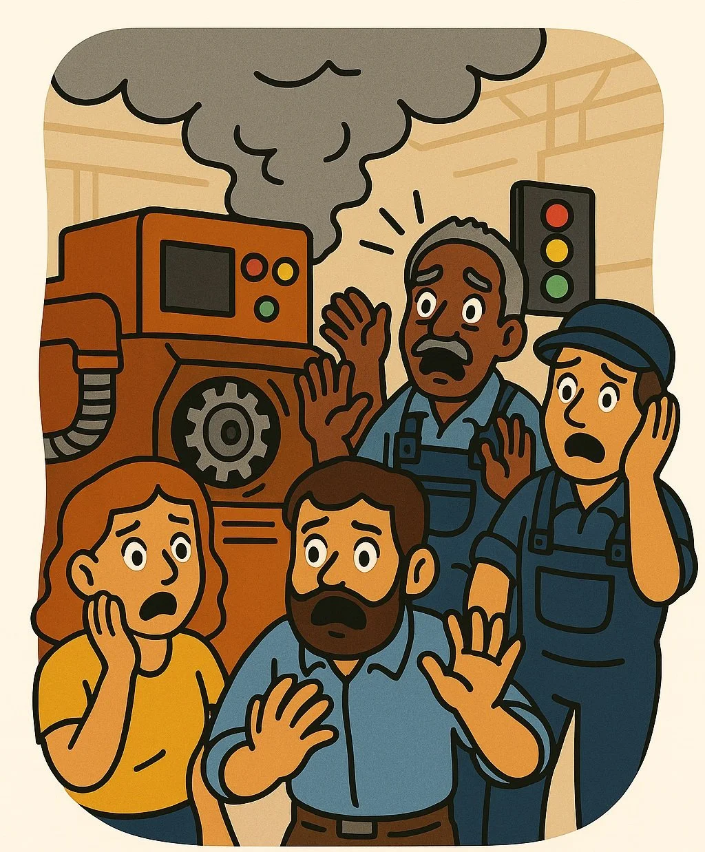 A cartoon illustration of multiple people shocked and frightened at a burning machine emitting thick black smoke, with a red traffic light in the background.