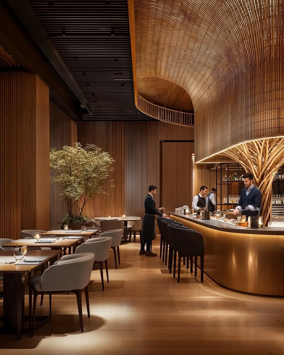 Interior elegante de restaurante con paredes y mobiliario de madera clara, bar con estructura de árbol de madera, y varios camareros atendiendo en el bar.