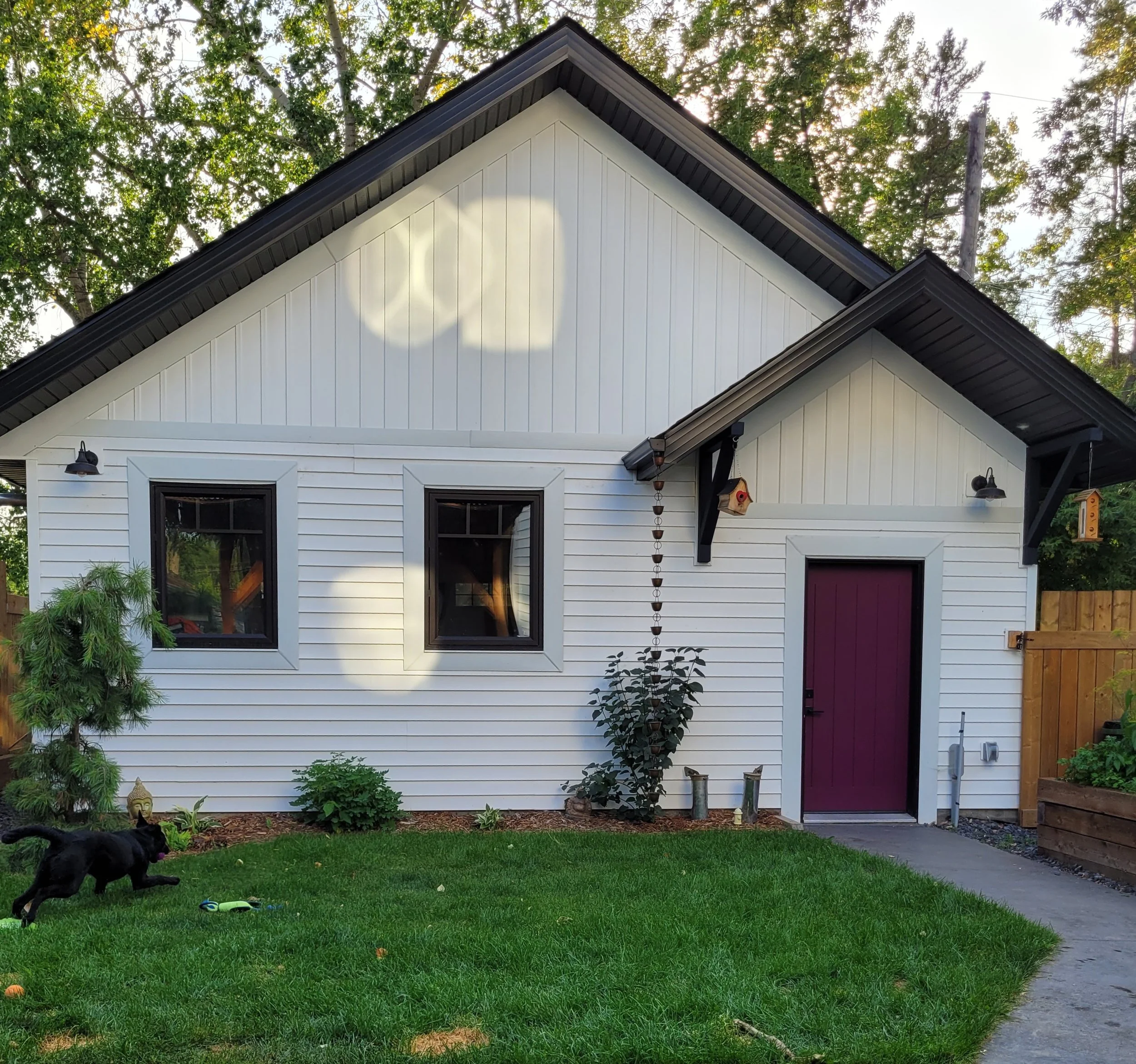 A white house with black trim and a purple front door, situated in a green yard with a small tree and a black dog playing on the grass. The house has two windows with black frames and a birdhouse hanging on the right side.