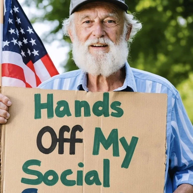 Senior citizen (man) holding a sign that says, "hands off my social security". He is also holding an American flag.