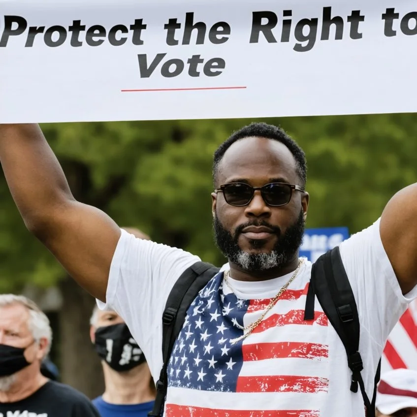 Man wearing t shirt with partial American flag on front to shirt. He is holding a sign that says, "Protect the right to vote".