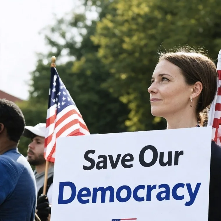 Woman holding American flag and banner that says" Save Our Democracy"